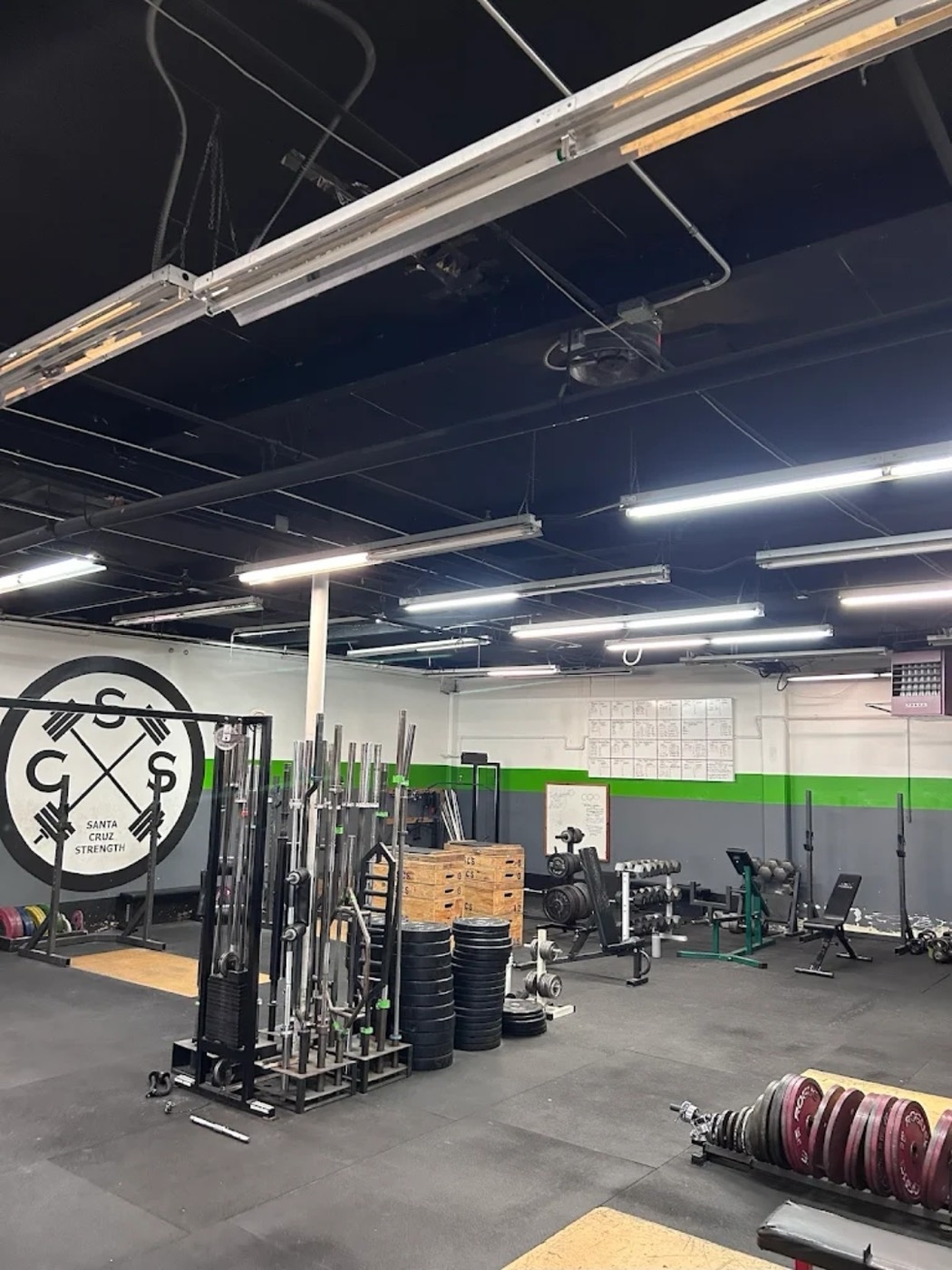 The Santa Cruz Strength training floor, with racks, plate storage and the painted wall seal